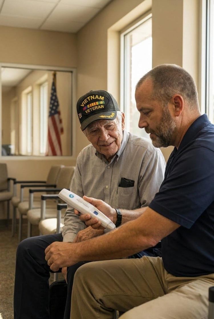 Pain Clinic Specialist demonstrates to a veteran how to use the LaserTouchOne